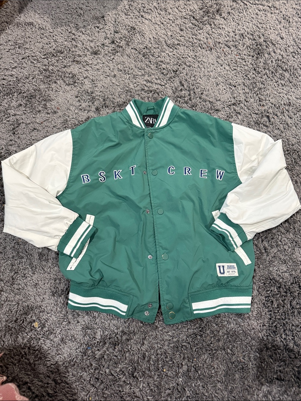 Zara Green & White Varsity Bomber Jacket - BSKT CREW